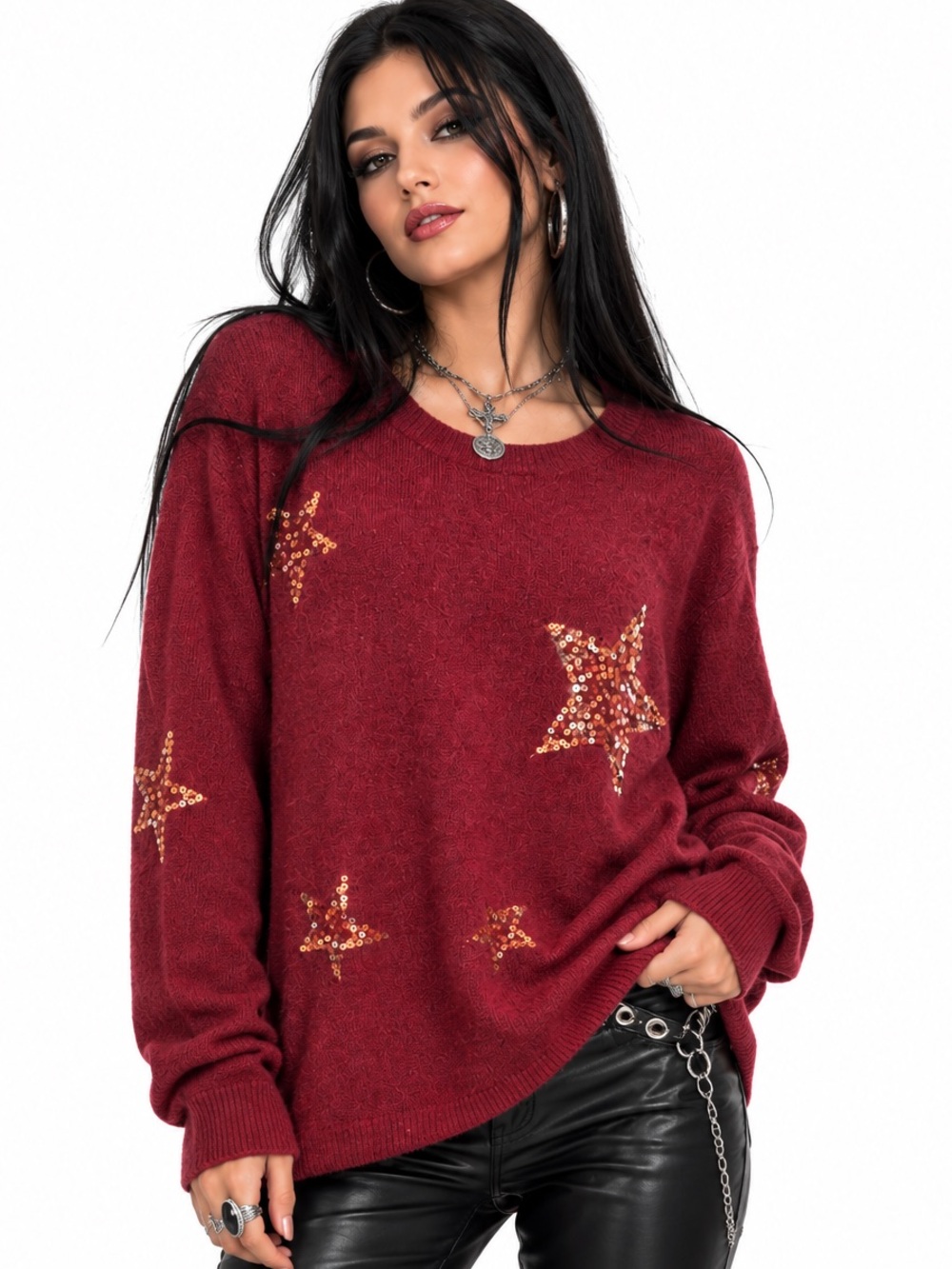 NWT Staccato Sequin Star Embellished Burgundy Sweater XL Holiday